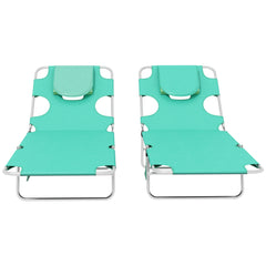 Outsunny Foldable Sun Lounger Set of 2 with Reading Hole, Portable Sun Lounger with 5 Level Adjustable Backrest, Reclining Lounge Chair with Side Pocket, Headrest Pillow, Green