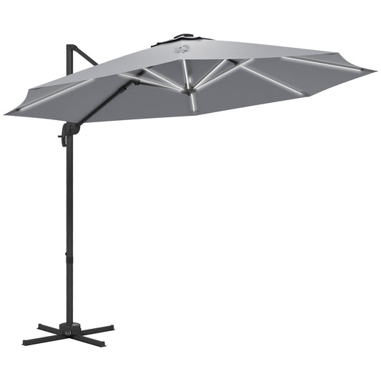 Outsunny 3(m) Adjustable Cantilever Parasol with Base, Solar LED Lights, Light Grey