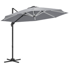 Outsunny 3(m) Adjustable Cantilever Parasol with Base, Solar LED Lights, Light Grey