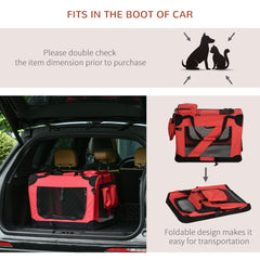 PawHut Foldable Pet Carrier for Small and Miniature Dogs, Portable Cat Carrier Soft Side Pet Travel Crate with Removable Mat, Storage Bags, Breathable Mesh Window 60 x 42 x 42cm - Red