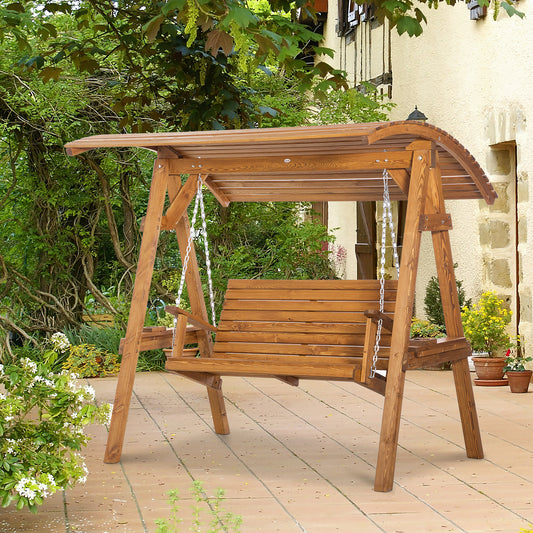 Outsunny 2 Seater Swing Chair, Garden Swing Bench with Adjustable Canopy, and Pine Wood Frame for Patio, Yard