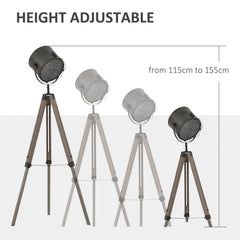 HOMCOM Floor Lamp with Adjustable Tripod for Living Room Bedroom, Vintage Spotlight Reading Lamp with Wood Legs, 115-155cm, Grey