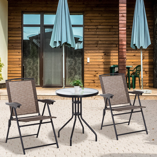 Outsunny 3 Piece Outdoor Bistro Set, Patio Conversation Furniture Set with 2 Folding Backrest Adjustable Armchairs and Glass Top Coffee Table, Brown