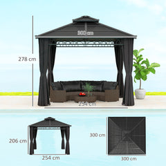 Outsunny 3 x 3 (m) Outdoor Polycarbonate Gazebo, Double√Ç Roof Hard Top Gazebo with√Ç Galvanised Steel Frame, Nettings√Ç &√Ç Curtains for Garden, Lawn, Patio and Deck, Dark Grey