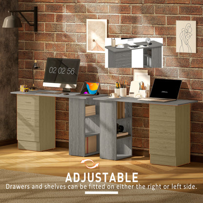 HOMCOM Computer Desk, Writing Table, PC Workstation with 3 Storage Shelves and Drawers, Silver Handle, for Home Office, Grey