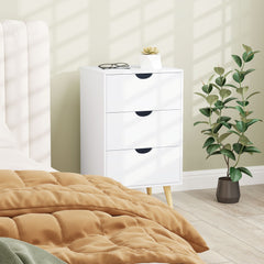 HOMCOM Bedside Table, Bedside Cabinet with 3 Drawers, Small Side Table with Wood Legs and Cut-out Handles for Bedroom, Cream White