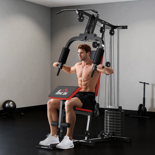 محطة HOMCOM Multigym، مع مجموعة أوزان 66 كجم، لتدريب القوة - أحمر وأسود