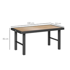 طاولة قهوة خارجية معدنية من Outsunny مع سطح خشبي من SPC للاستخدام الخارجي والحديقة والشرفة والشرفة الأرضية، 100 × 53 × 46 سم، تأثير الخشب البني