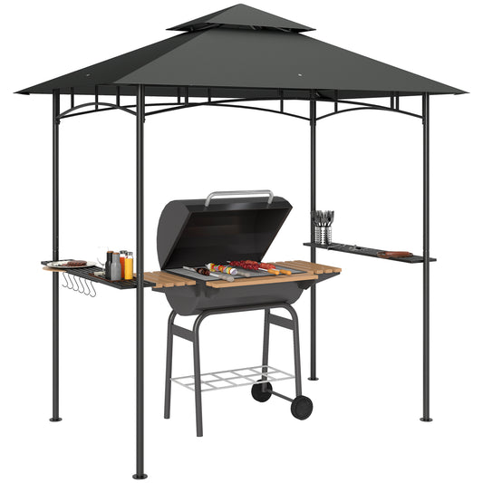 Outsunny 8' x 5' Grill Gazebo, Double Tiered BBQ Gazebo Shelter Canopy with LED Lights, 2 Side Shelves, Hooks, Dark Grey