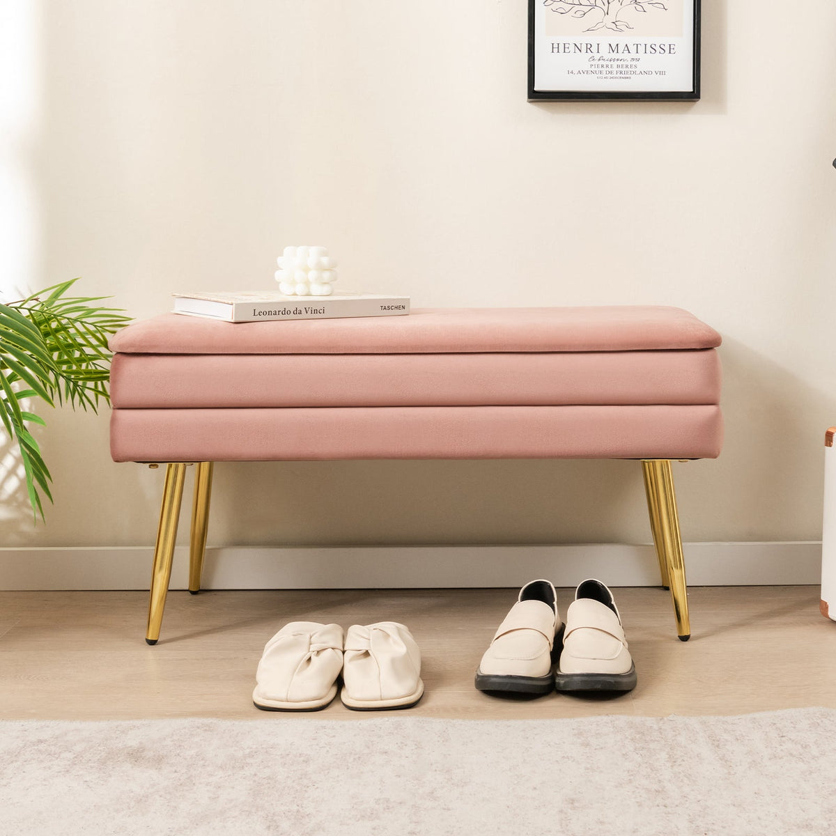 Velvet Upholstered Storage Bench with Removable Top-Pink