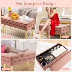 Velvet Upholstered Storage Bench with Removable Top-Pink