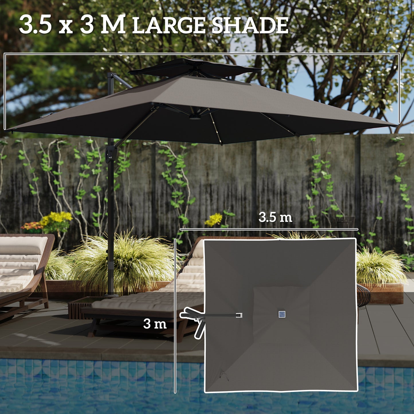 Outsunny 3.5x3 m Garden Cantilever Parasol with Solar LED Lights and Centre Light, Aluminium Large Square Patio Umbrella, UPF50+ Hanging Sun Shade with Cross Base, Crank Handle and Tilt, Grey