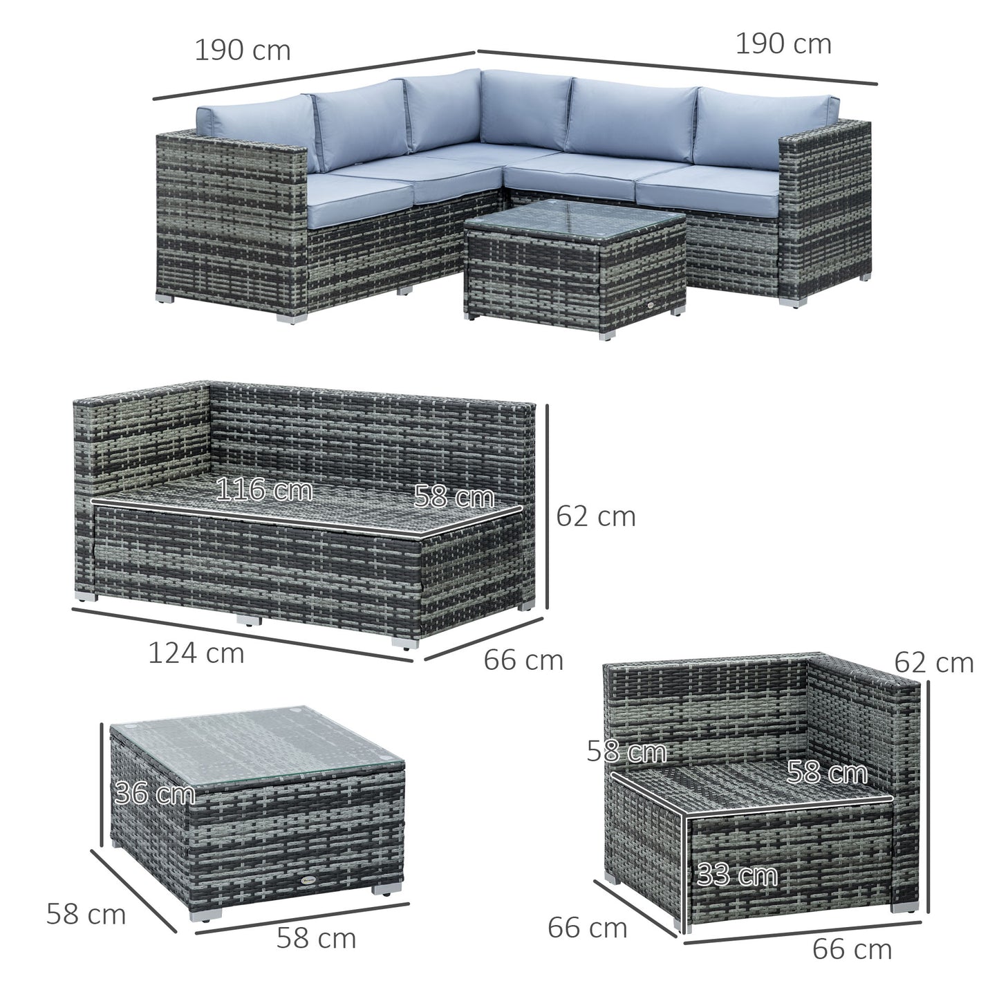 Outsunny Four-Piece Rattan Sofa Set - Grey