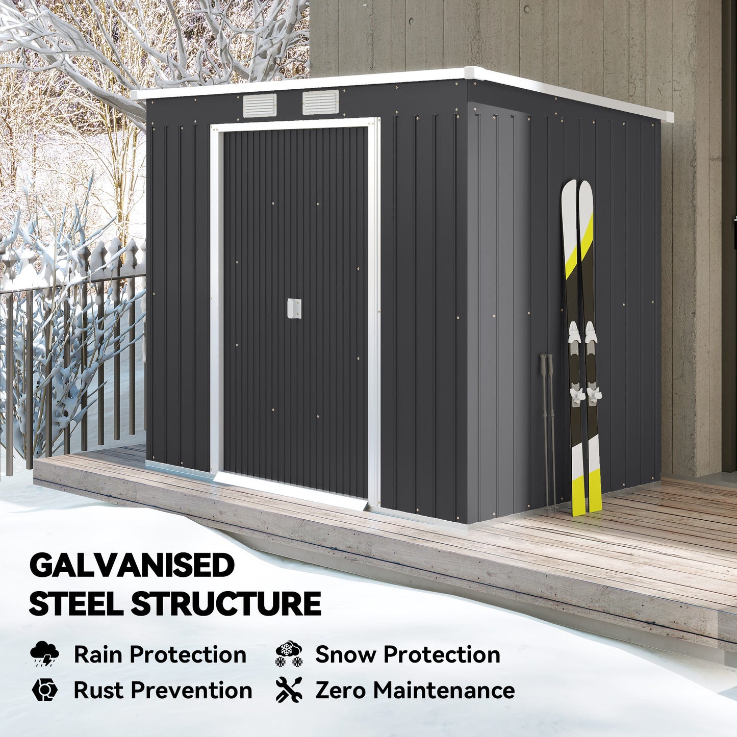 Outsunny 7 x 4ft Galvanised Steel Garden Shed, with Foundation Kit - Dark Grey
