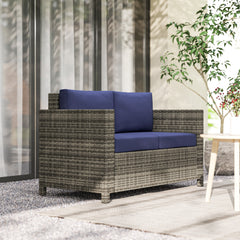 Outsunny 2 Seater Garden Furniture, Rattan Sofa with Soft Padded Cushion and Armrests, Wicker Garden Loveseat for Patio, Navy Blue