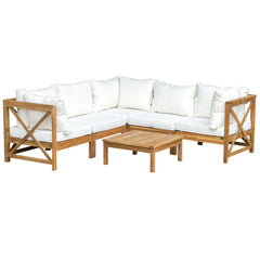 Outsunny 6 PCS Elegant Wood Frame Outdoor Patio Dining Set w/ Cushions Coffee Table Garden Furniture Sofa Comfort Balcony Patio Cream White