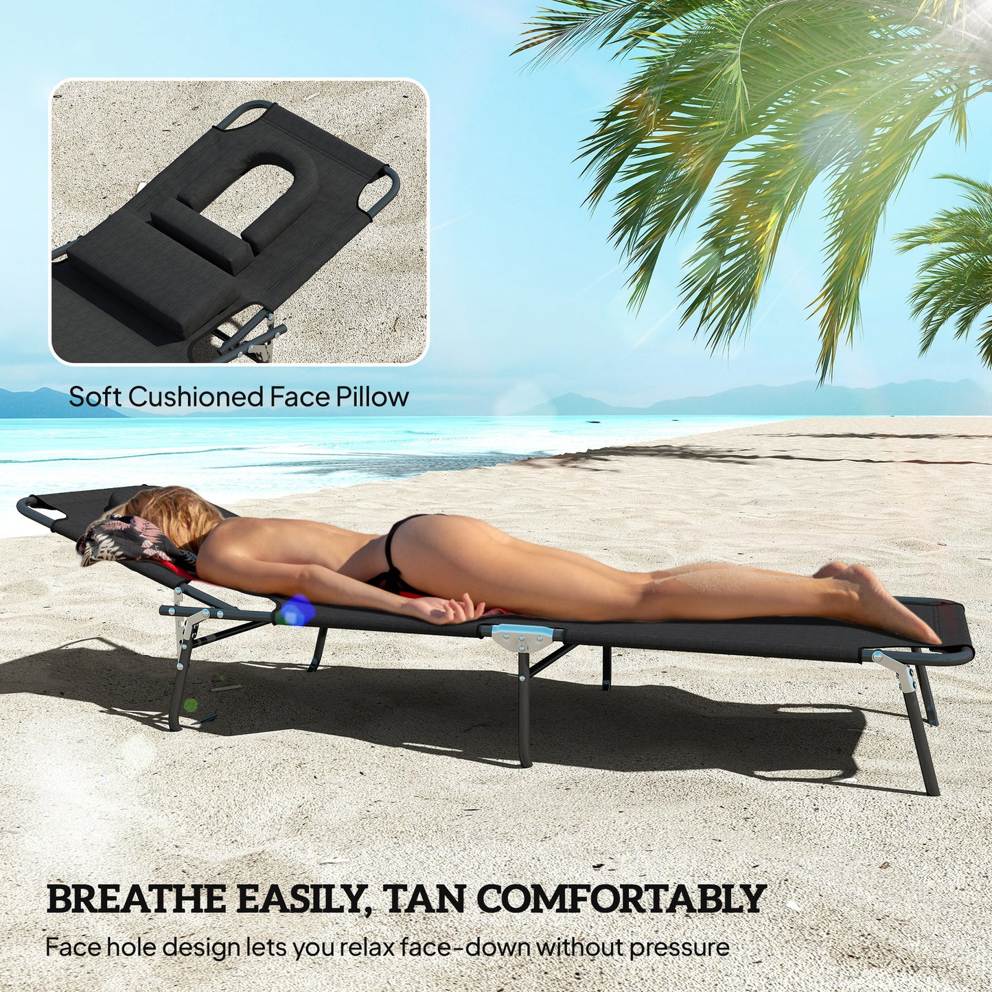 Outsunny Outdoor Folding Sun Lounger Set of 2 with Face Hole, 4 Level Adjustable Backrest Reclining Garden Lounger, Garden Recliner Sunbed with 600 D Oxford Cloth Seat and Pillow for Beach, Black