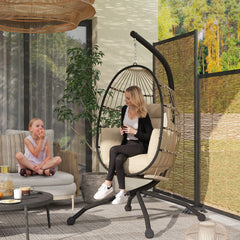 Outsunny Hanging Egg Chair Outdoor Indoor Garden Swing Chair with Folding Basket and Thickened Cushion, Garden Hanging Chair with Stand, Headrest, Cup Holder for Patio, Balcony, Khaki