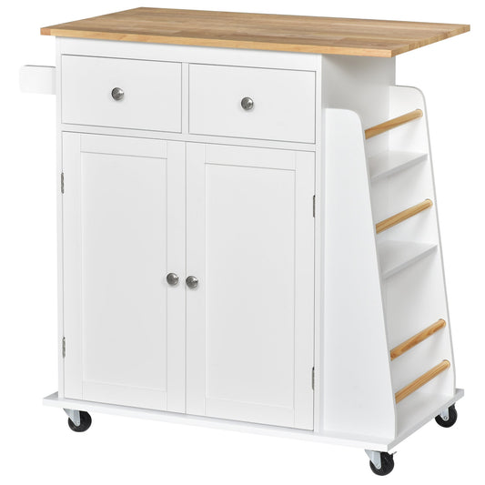 HOMCOM Kitchen Island on Wheels, Mobile Storage Trolley, Rolling Kitchen Cart with Rubber Wood Top, 2-Door Cabinets, 2 Drawers, Adjustable Shelf, 3-Tier Spice Rack, Drawers