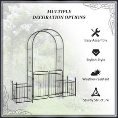 Outsunny Metal Garden Arbor Arch with Double Doors, 2 Side Planter Baskets, Climbing Vine Frame, Black