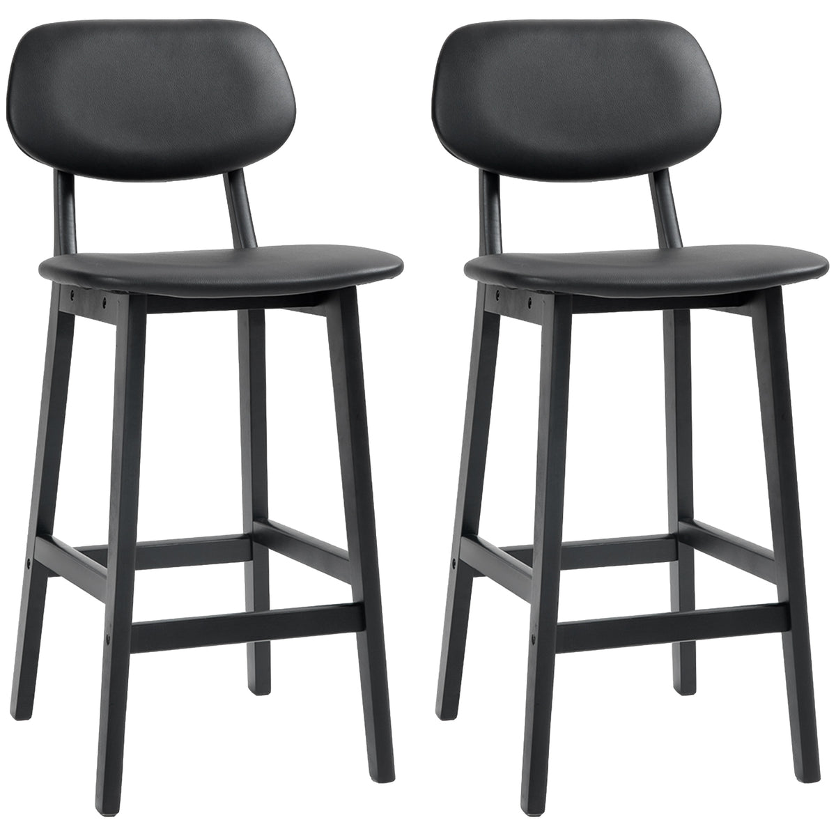 HOMCOM Set of Two Wooden Classic Bar Stools, with Faux Leather Seats - Black