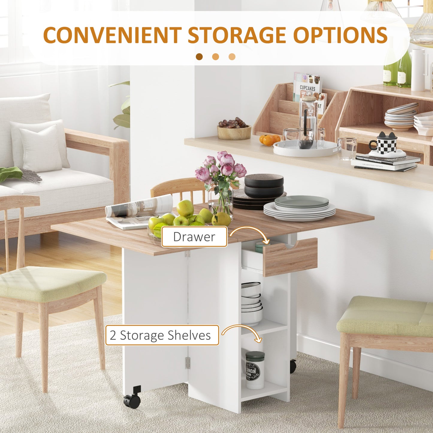 HOMCOM Folding Dining Table, Drop Leaf Table for Small Spaces, Foldable Table with Drawer and Storage Shelves for Kitchen, Dining Room, Oak