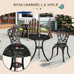 Outsunny 3 Piece Garden Bistro Set, Cast Aluminium Outdoor Furniture Set with Umbrella Hole for Balcony, Porch, Patio, Black