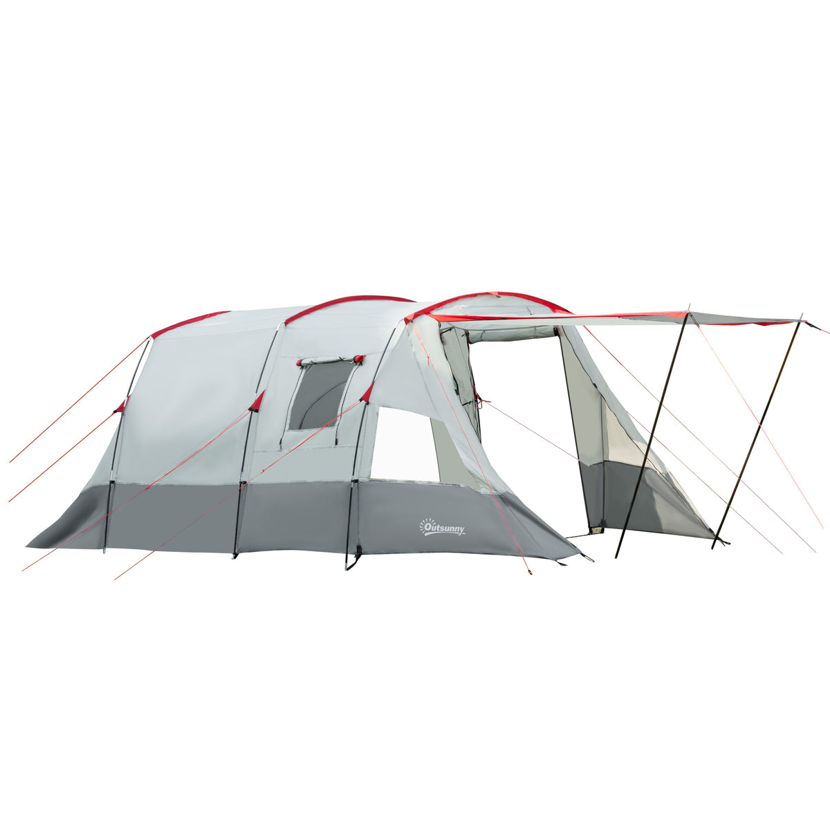 Outsunny 6-8 Person Tunnel Tent, Camping Tent with Bedroom, Living Room, Sewn-in Floor, 3 Doors and Carry Bag, 2000mm Water Column for Fishing, Hiking, Sports, and Traveling, Grey