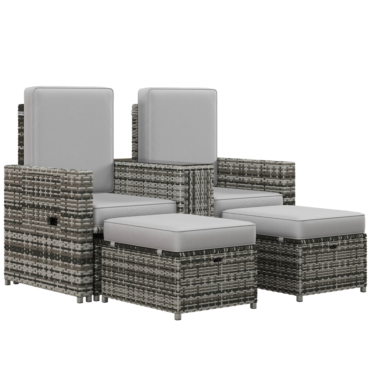 Outsunny Rattan Sun Lounger w/ Storage Tea Table & Footstools, Grey