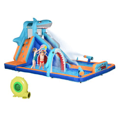 Outsunny 6 in 1 Shark-Themed Bouncy Castle, Inflatable Water Park, with Slide, Pool, Trampoline, Blower, for Ages 3-8 Years