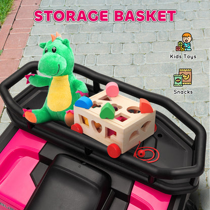 AIYAPLAY 12V Kids Electric Ride on ATV, Battery-Powered Quad Bike w/ Spring Suspension, Forward Backward, Storage Basket, Pink