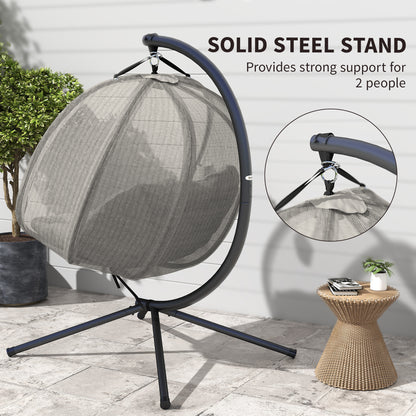 Outsunny Double Hanging Egg Chair 2 Seaters Texteline Swing Hammock Chair with Stand, Cushion and Folding Design, for Indoor and Outdoor, Brown