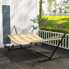 Outsunny Outdoor Garden Hammock with Stand, Double Cotton Hammock with Adjustable Steel Frame, Swing Hanging Bed with Pillow, for Garden, Patio, Beach, Red Stripes