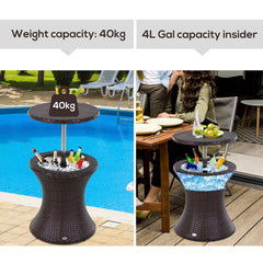 Outsunny PE Rattan Ice Bucket Table, Height Adjustable Liftable Outdoor Drinks Cooler, 52 cm Round Garden Beer Cocktail Table with Lid for Bar, Patio, Terrace, Brown