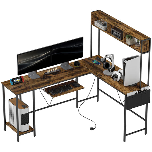 HOMCOM 160cm Reversible L Shaped Desk with Power Outlet, Industrial Corner Desk with Storage Shelves and Keyboard Tray, 240cm Long Computer Desk for 2 Person, Rustic Brown