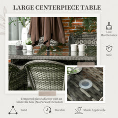 Outsunny 6 Seater Rattan Dining Set with Seat and Back Cushions, PE Rattan Garden Furniture Set, Outdoor Dining Table and Chairs, Rectangular Glass Top Table with Umbrella Hole, Grey