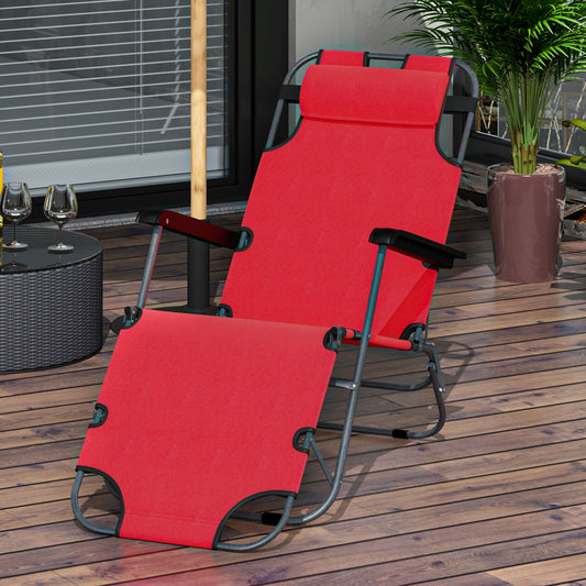 Outsunny 2 in 1 Sun Lounger Folding Reclining Chair Garden Outdoor Camping Adjustable Back with Pillow, Red