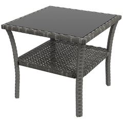 Outsunny 50cm Outdoor PE Rattan Coffee Table, Patio Wicker Two-tier Side Table with Glass Top, for Patio, Garden, Balcony, Grey