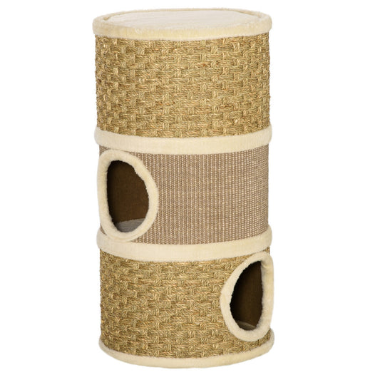 PawHut Cat Scratching Barrel Kitten Tree Tower for Indoor Cats Pet Furniture Climbing Frame Covered with Sisal and Seaweed Rope Cozy Platform Soft Plush