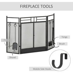 HOMCOM 3 Panel Folding Fireplace Screen with 4 Tools Set, Steel Mesh Spark Guard with Double Door for Open Fire, Log Burner, 122W x 80H cm, Black