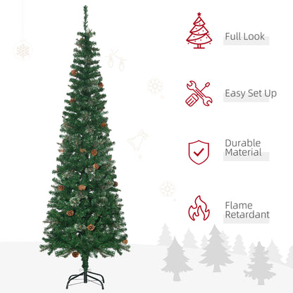 HOMCOM 6.5FT Tall√Ç Pencil Slim Artificial Christmas Tree with√Ç Realistic√Ç Branches, Tip Count and Pine Cones, Pine Needles Tree, Xmas√Ç Decoration, Green