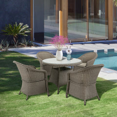 Outsunny 4 Seater Rattan Garden Furniture Set with Cushions, Round PE Rattan Dining Set with Glass-Top Table, Umbrella Hole, Outdoor Garden Table and Chairs, Mixed Grey