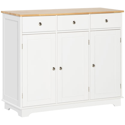 HOMCOM Sideboard with Rubber Wood Top, Modern Storage Cabinet, Kitchen Cupboard with 3 Doors, 3 Drawers and 3 Adjustable Shelves for Dining Room, Living Room, White