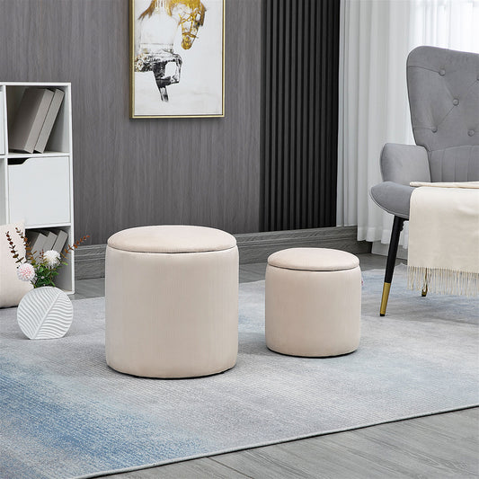 HOMCOM Modern Storage Ottoman with Removable Lid, Fabric Storage Stool, Foot Stool, Dressing Table Stool Side Table, Set of 2, Cream White