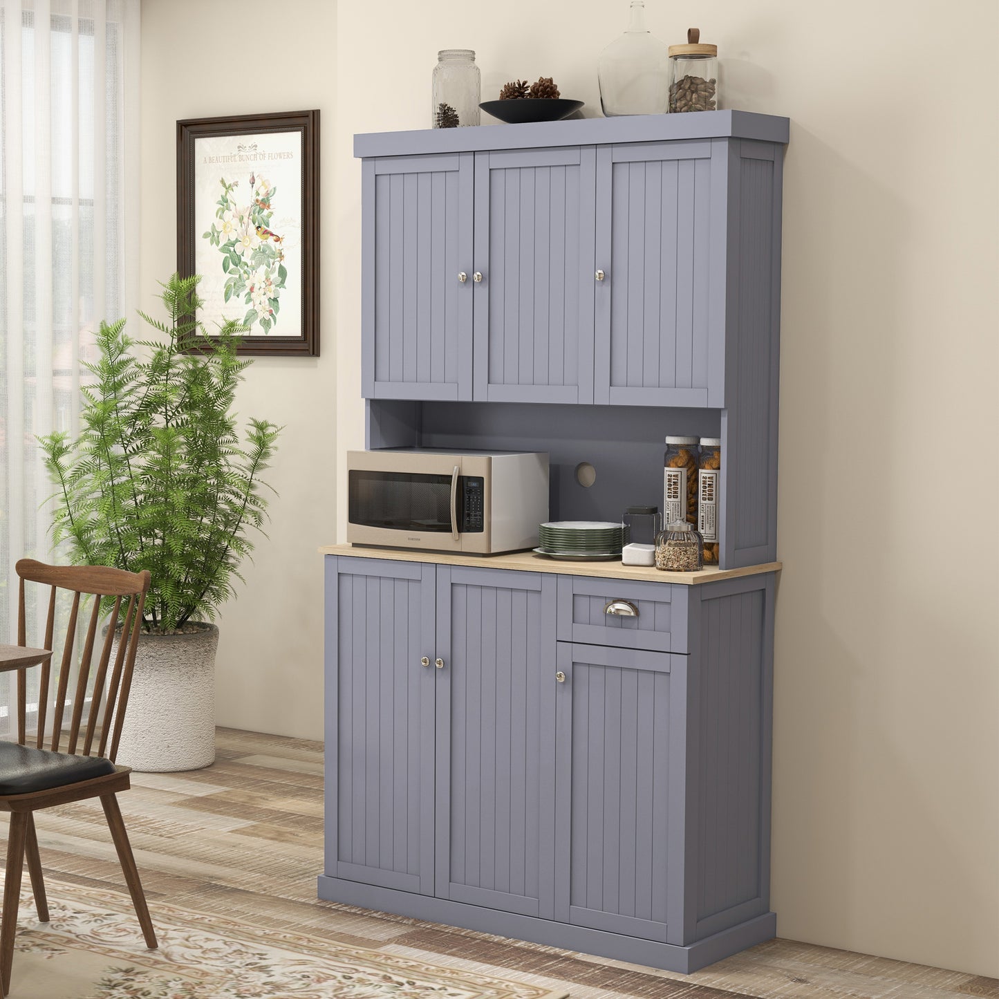 HOMCOM 180cm Freestanding Kitchen Cabinet, Modern Storage Cupboard with Open Countertop, Drawer and 6 Doors, Grey