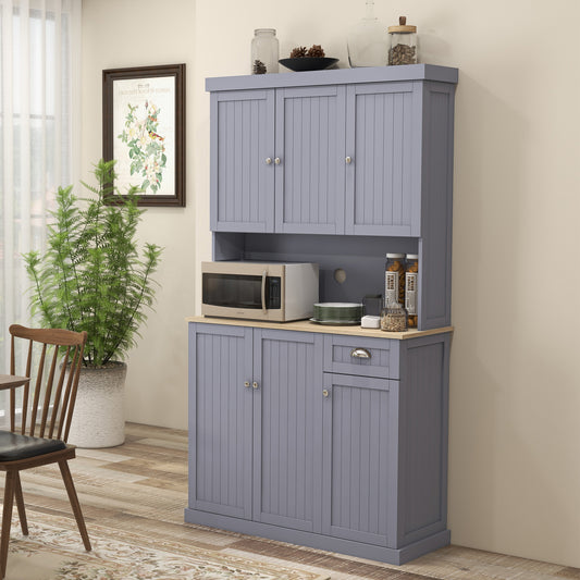 HOMCOM 180cm Freestanding Kitchen Cabinet, Modern Storage Cupboard with Open Countertop, Drawer and 6 Doors, Grey