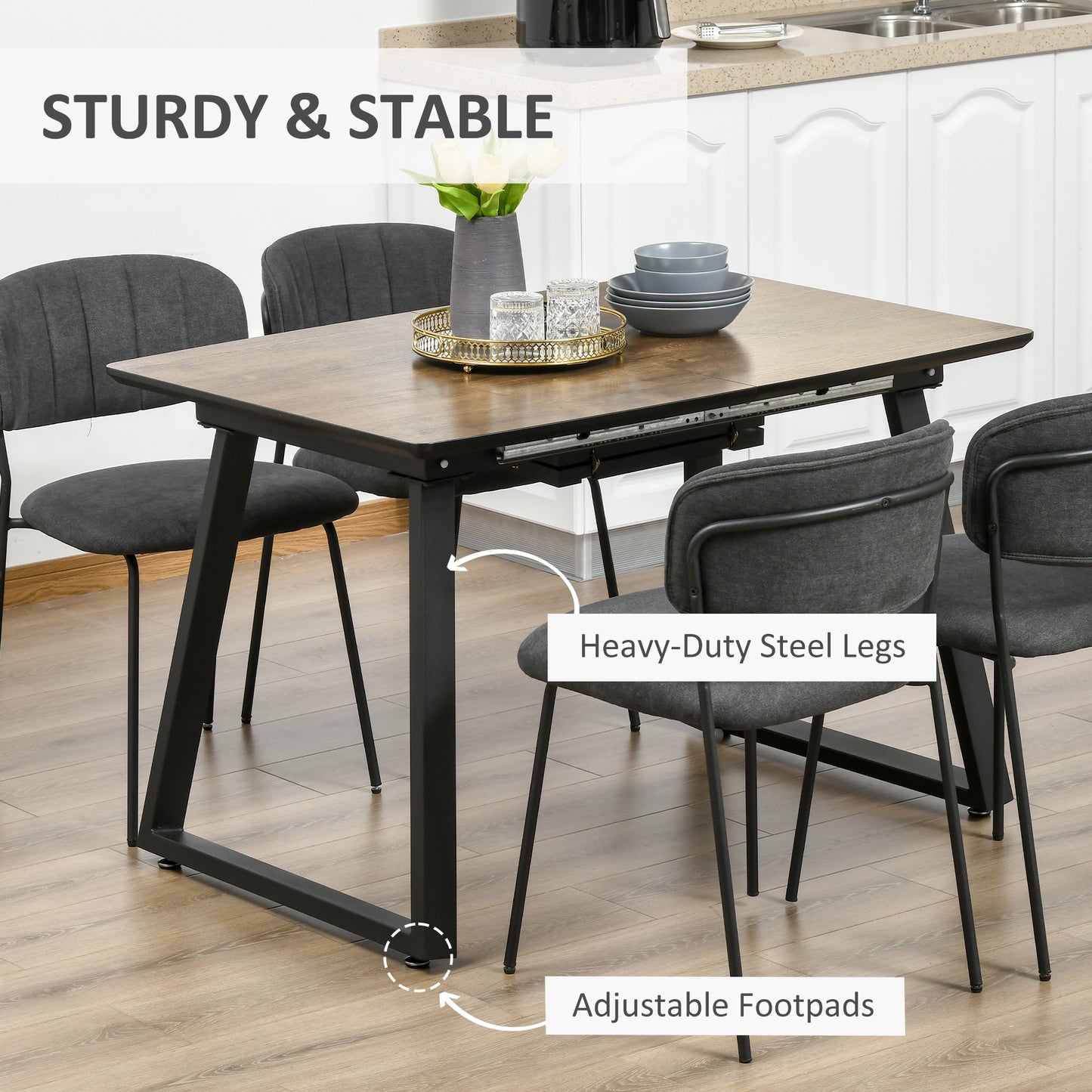 HOMCOM Extendable Dining Table Rectangular Wood Effect Tabletop for 4-6 People with Steel Frame & Hidden Leaves for Kitchen, Dining Room, Living Room