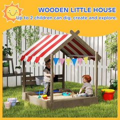 Outsunny House-Designed Wooden Sandbox, Outdoor Sandpit, with Blackboard, Toys, Sink, Seats, Flags, for Ages 3-7 Years - Grey