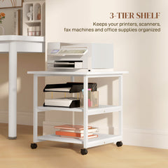 HOMCOM Three-Tier Steel Printer Stand, with Wheels - White