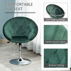 HOMCOM Swivel Dressing Stool, Velvet-feel Upholstered Vanity Chair, Adjustable Height Tub Makeup Chair with Button Tufting and Thick Padding, Breakfast Dining Chair, Green